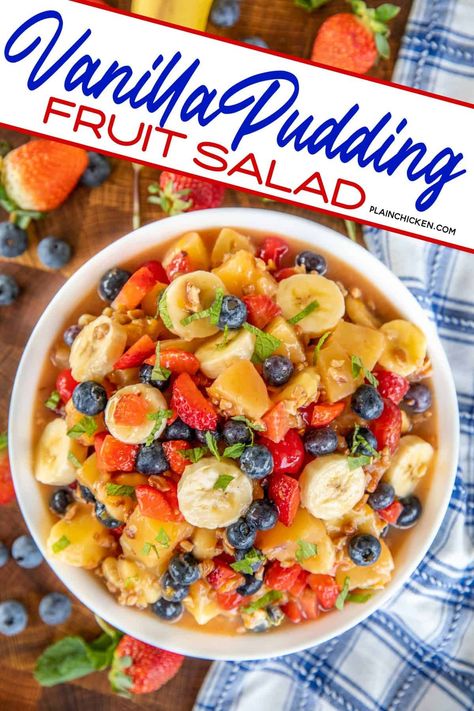 Vanilla Pudding Fruit Salad - so simple and so delicious. Pineapple, mandarin oranges, cherries, bananas, blueberries, strawberries and pecans tossed in a vanilla pudding glaze. Great for breakfast, brunch, parties, and potlucks. Serve leftovers on top of a slice of cake. #fruit #brunch #pineapple #vanilla Vanilla Pudding Fruit Salad, Pudding Fruit Salad, Easter Fruit Salad, Breakfast Fruit Salad, Fruit Salad With Pudding, Healthy Harvest, Fruit Salad With Marshmallows, Easy Fruit Salad Recipes, Layered Salad Recipes