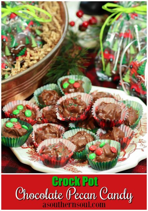 Make this Crock Pot Chocolate Pecan Candy to share this holiday season. This sweet treat, made in no time, makes an excellent gift for teachers, neighbors and the special people who’ve helped you out during the year! #asouthernsoul #christmascandy #holidaytreats #crockpot #easyrecipe #foodgifts #chocolatecandy #christmasgifts Crockpot Chocolate Candy, German Chocolate Bars, Crockpot Chocolate, Crockpot Candy Recipes, Pecan Candy, Slow Cooker Christmas, Crockpot Candy, Recipes Holiday, Cookies Bars