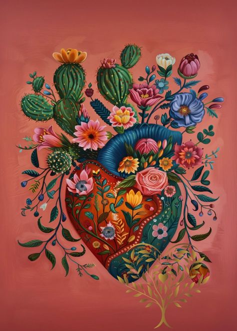 Mexico Wall Art, Mexican Art, Blooming Heart Wall Art, Corazon Mexicano Art, Mexico Oil Painting - Etsy