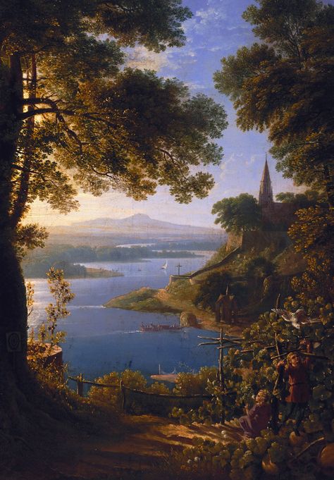 Karl Friedrich Schinkel. Detail from Castle by the River, 1820. Karl Friedrich Schinkel, Sea Landscape, Gothic Cathedral, Academic Art, German Art, Beautiful Forest, Classic Paintings, Realistic Paintings, Soul Art