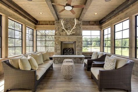 Cabin Sunroom, Sunroom With Fireplace, Rustic Sunroom, Stone Fireplace Designs, Brain Storm, Sunroom Ideas, Liberty House, Sunroom Designs, Antler Art