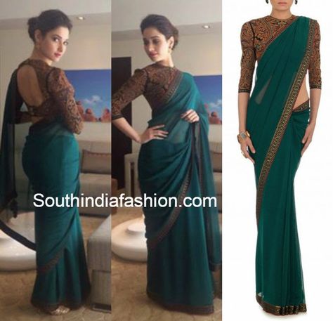 Tamanna in Tarun Tahiliani Saree ~ Celebrity Sarees, Designer Sarees, Bridal Sarees, Latest Blouse Designs 2014 Teal Green Saree Contrast Blouse, Pradeep Machiraju, Tarun Tahiliani Saree, Saree Celebrity, Plain Chiffon Saree, Sarees Bridal, Tv Talk Show, Blouse Saree, Tarun Tahiliani