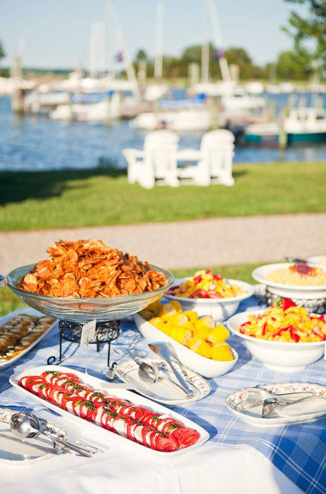 Fancy chips (cheap and everyone loves them) Caprese salad is pretty table color and really good Fancy Bbq, Rehearsal Dinner Food, Christmas Bbq, Fall Rehearsal Dinners, Inn At Perry Cabin, Bbq Rehearsal Dinner, Rehearsal Dinner Menu, Sons Wedding, Lake Party