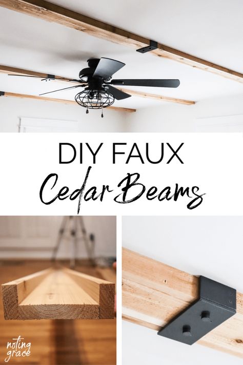 Trim On Cement Walls, Diy Cabin Makeover, Rv Faux Beams, Make A Faux Beam, Basement Faux Beams, How To Make Faux Ceiling Beams, Faux Beam Bedroom, Ceiling With Wood Design, Making Faux Beams