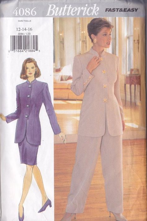 Misses Jacket ~ Skirt & Pants Pattern ~ Butterick 4086 Combination Sizes 12 ~ 14 ~ Princess Seams ~ Spring Season Outfit, Tapered Skirt, Mandarin Collar Jacket, Black Leggings Outfit, Jeans Outfit Summer, Butterick Sewing Pattern, Petite Jacket, Fall Jackets, Cute Summer Outfits