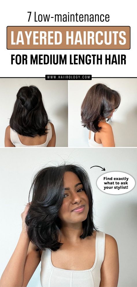 Get the perfect low-maintenance, stylish look with layered medium haircuts! This guide covers everything you need to know about different styles for medium-length hair, including options for bangs and face-framing cuts that add volume and texture. Whether you have fine, thick, straight, wavy, or curly hair, learn what to ask your hair stylist to achieve the perfect look during your next salon visit. Check out the full blog post now! Medium Length Haircut What To Ask For, Haircuts For Low Maintenance, Thick Layers Medium, Haircut Ideas For Girls Medium, Layers Fine Hair Medium, Medium Length Hair Styles Wavy Hair, Wavy Hair Medium Haircut, Haircuts For Medium Length Hair Layered Low Maintenance, Medium Thick Hair Styles