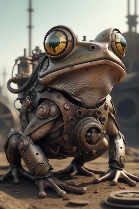 a large metal mechanical frog, digital painting Steel Defender, Design Prompts, Frog Species, Pictures Of Insects, Steampunk Animals, Mechanical Animals, Downward Spiral, Arte Steampunk, Frog Prince