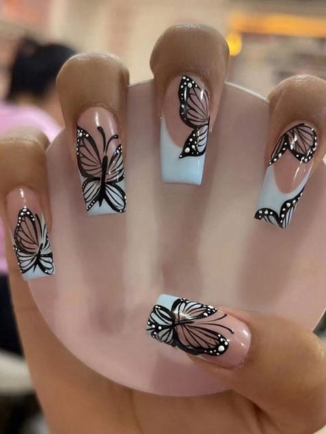 Blue Prom Nails, Butterfly Nail Designs, Nail Art Set, Butterfly Nail, Pink Acrylic Nails, Prom Nails, Tattoos Ideas, Nail Sizes, Artificial Nails