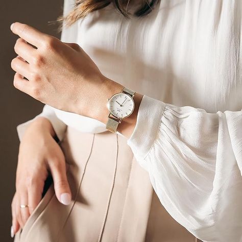 Daniel Wellington Petite Evergold Gold Mesh Bracelet Watch for $189.00 on Amazon! Gold Watch For Women, Daniel Wellington Petite, Iron Curls, Flat Iron Curls, Eggshell White, Daniel Wellington Watch, White Dial Watch, Timeless Watches, Minimalist Watch