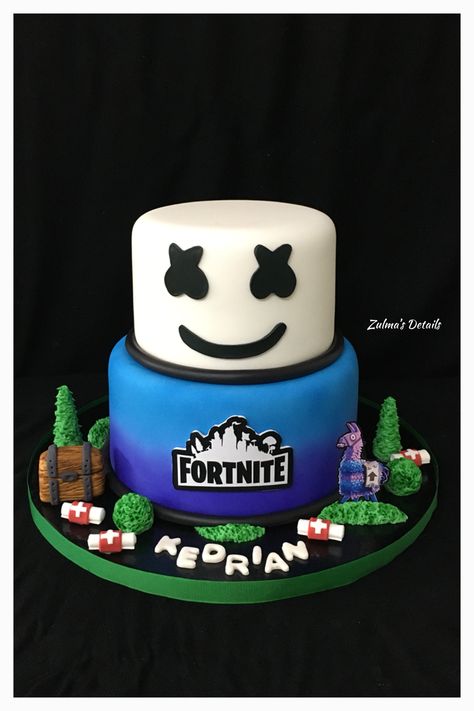 Fortnite Marshmello Cake, Dj Marshmello Cake, Fortnite Cake For Boys, Easy Fortnite Cake, Marshmello Cake, Fortnight Birthday, Fortnite Marshmello, Fortnite Birthday Cake, Baking Birthday Parties