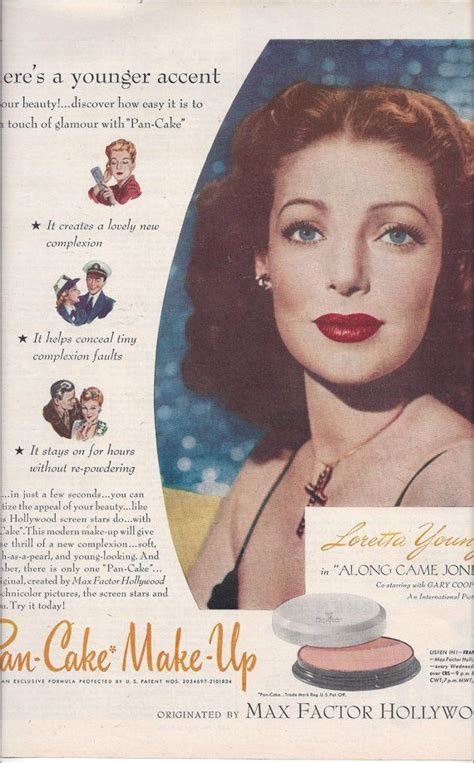 Another pancake makeup ad by max factor from the 1950s Pancake Makeup, 40s Makeup, 1940s Makeup, 1950s Makeup, Vintage Makeup Ads, Female Movie Stars, Loretta Young, Pan Cake, Makeup Ads