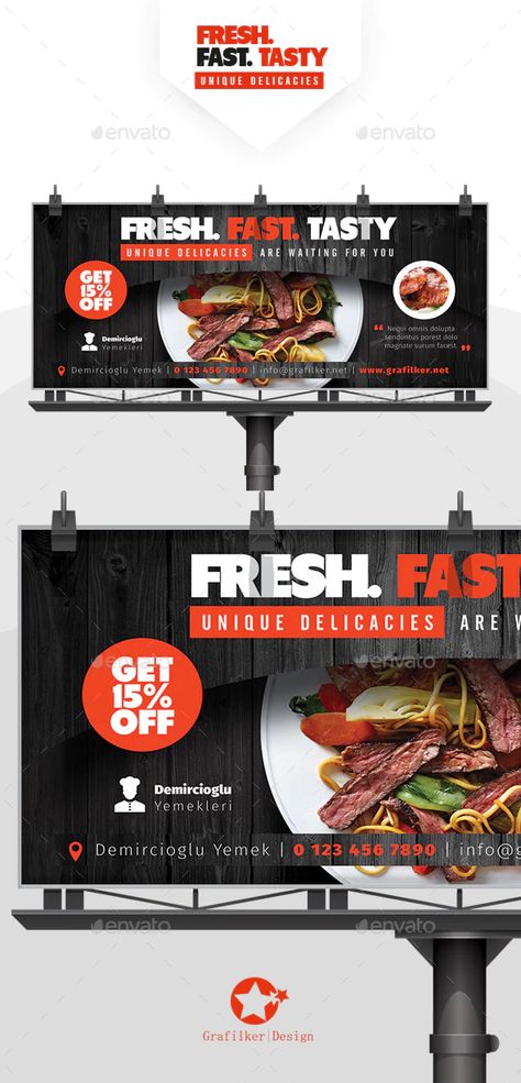 Restaurant Billboard Templates by grafilker | GraphicRiver Restaurant Hoarding Design, Billboard Template, Florist Business Card, Hoarding Design, Resturant Design, Food Business Card, Restaurant Advertising, Restaurant Ad, Advertising Logo