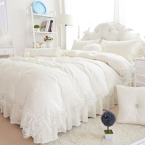 Ivory White Lace Design Princess Style High Gloss Elegant Girls Wedding Themed Luxury Cotton Twin, Full, Queen Size #Bedding #Bedspread #Bedroom Sets Elegant Bedspreads, Princess Bedding, Lace Bedspread, Princess Bedding Set, Vasos Vintage, White Bedspreads, Ruffle Duvet Cover, White Bed Set, Cheap Bedding Sets