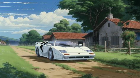 Studio Ghibli inspired Desktop wallpaper of a Lamborghini Countach 16:9 aspect ratio (AI Generated) Tags: Anime, Totoro, Princess Mononoke, 4K wallpaper, Grave of the Fireflies, Spirited Away, Car wallpaper, Lamborghini Countach, Forza, Asseto Corsa Car Wallpaper Lamborghini, 16:9 Backgrounds, Wallpaper Ghibli, Car Background, Car Animation, Pc Desktop Wallpaper, Studio Ghibli Background, 2560x1440 Wallpaper, 4k Wallpapers For Pc