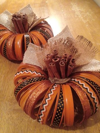 Made by Tracy! Canning ring/lid  pumpkins!                                                                                                                                                                                 More Canning Pumpkin, Mason Jar Lid Pumpkin, Thanksgiving Mason Jar, Mason Jar Lids Crafts, Jar Lid Crafts, Diy Canning, Diy Pumpkins Crafts, Diy Pumpkins, Mason Jar Lid