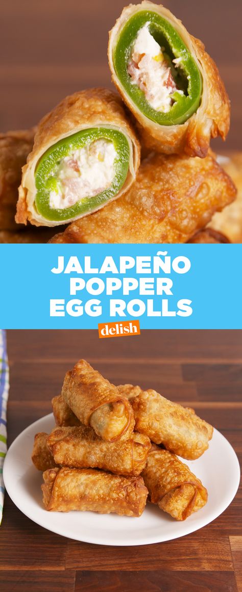 We just made Jalapeno Poppers on CRACK. Get the recipe at Delish.com. #delish #recipe #easyrecipe #eggroll #jalapeno #jalapenopopper #app #appetizer