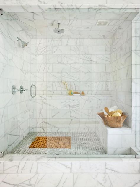 Beautiful Marble Spa Shower | HGTV >> http://www.hgtv.com/design-blog/design/treat-yo--self-day--our-editors-share-their-dream-splurges?soc=pinterest Interior Design Minimalist, Bathroom Shower Design, Marble Showers, Bad Inspiration, Dream Bathrooms, Bathroom Renos, Rustic Bathroom, Dream Bathroom, Bath Remodel