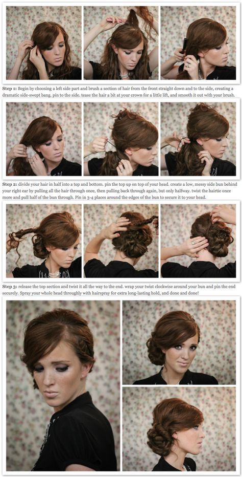 Diy Side Updo, Side Bun Hairstyles Tutorial, Side Bun Tutorial, 1920 Hairstyles, 1950's Hairstyles, Med Hair, Hairstyle References, Hairdo Tutorial, Practical Hairstyles