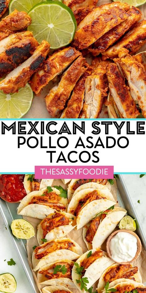 These pollo asado tacos are the perfect flavorful grilled chicken street tacos that will find a permanent place on your Taco Tuesday table or your next taco night. Tender chicken thighs, marinated in bright citrus, smokey chipotles in adobo, and smokey spices, make the perfect filling for soft, cheesy warm tortillas. Served with fresh pico de gallo salsa, a side of spicy Mexican rice, and chipotle brussels sprouts, dinner is served! Grilled Chicken Street Tacos, Street Tacos Chicken, Pollo Asado Recipe, Spicy Mexican Rice, Mexican Chicken Tacos, Flavorful Grilled Chicken, Chicken Street Tacos, Chicken Soft Tacos, Spicy Chicken Tacos