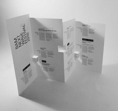 Brooklyn Academy of Music brochure by Ruth Tsang, via Behance Minimalist Brochure, Visuell Identitet, Brochure Design Creative, Paper Architecture, Pamphlet Design, Graphic Design Brochure, Paper Engineering, Brochure Print, Creative Brochure