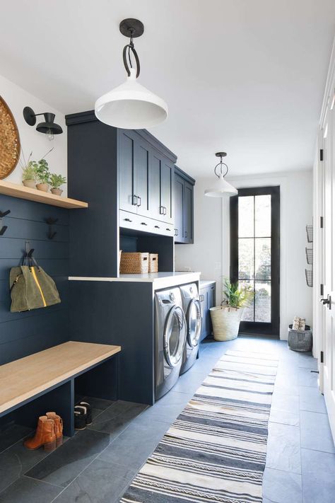 Mud Room Laundry Room Combo, Farmhouse Laundry Room Ideas, Modern Farmhouse Laundry Room, Laundry Room/mudroom, Blue Laundry Rooms, Laundry Room Flooring, Laundry Room Closet, Mudroom Laundry Room, Laundry Room Renovation