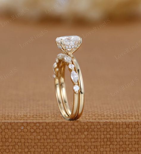 2ct Oval Moissanite Engagement Ring Set Yellow Gold Diamond - Etsy Wedding Ring Sets Oval Diamond, Wedding Band Plus Engagement Ring, Circle Shaped Engagement Rings, Oval Moissanite Ring Set, Oval Wedding Ring Set Gold Band, Engagement Rings With Stackable Bands, Women’s Gold Wedding Ring, Oval Cluster Engagement Ring With Wedding Band, Oval Solitaire Engagement Ring With Wedding Band