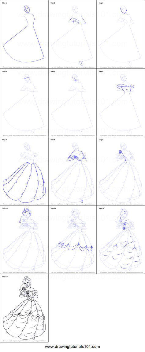 How to Draw Belle from Beauty and the Beast Printable Drawing Sheet by DrawingTutorials101.com How To Draw Beauty And The Beast, How To Draw Disney Princess Step By Step, Beauty And The Beast Drawing Sketches, How To Draw Disney Princesses, How To Draw Disney Characters, Beauty And The Beast Printable, How To Draw Disney, Belle Drawing, Beauty And The Beast Drawing