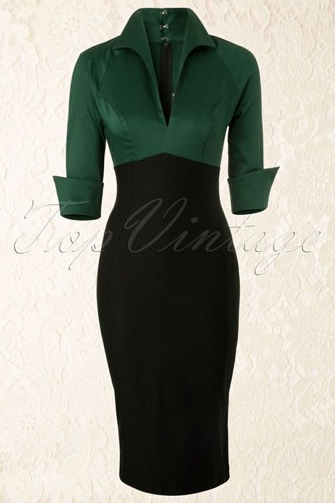 Black And Green Dress Outfit, 1950s Secretary Fashion, Green Professional Outfit, Forest Green Dress Outfit, Green Black Dress, Green Outfits For Women, Green Dress Outfit, Boss Dress, Pinup Couture