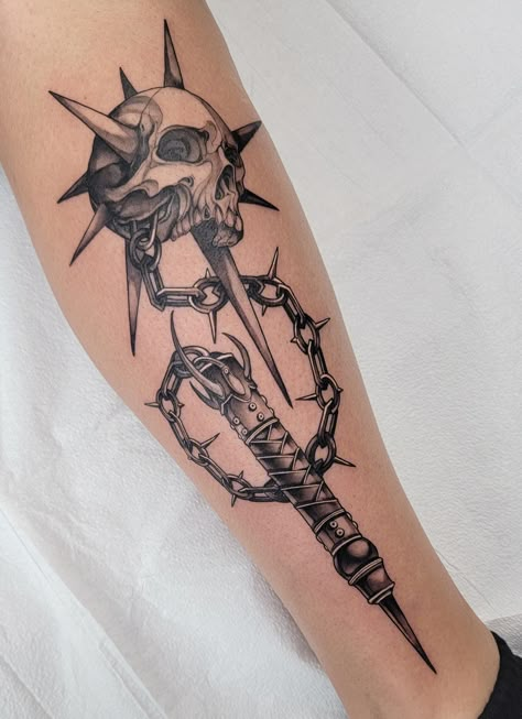 Goth Guy Tattoos, Skull Flail Tattoo, Gothic Style Tattoo Men, The Craft Tattoo Ideas, Blackwork Patchwork Tattoo, Flail Tattoo Design, Medieval Style Tattoo, Bg3 Tattoo, Ax Tattoo