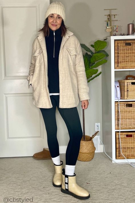 If you are on the hunt for winter athleisure outfits for women then you need to check out this mini Uggs outfit idea with leggings and an oversized shacket! The perfect casual winter outfit for women! Waterproof Uggs Outfit, Winter Athleisure Outfits, Winter Outfit For Women, Mini Uggs Outfit, White Ugg, Winter Athleisure, Dog Walking Outfit, Mini Uggs, Uggs Outfits