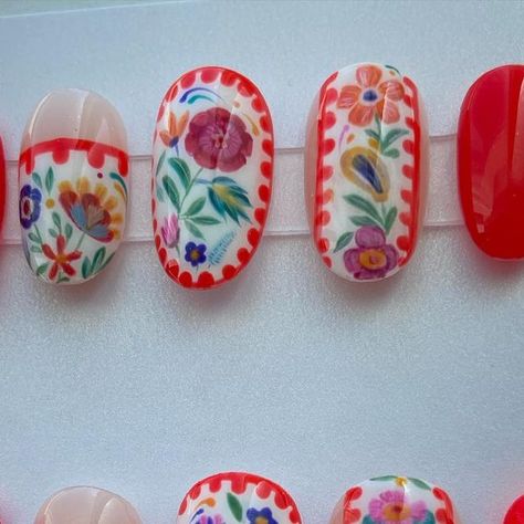 Brianna on Instagram: "Press-ons! Inspo was Mexican Embroidery 😍 • • #rednails #pressonnails #pressons #pressonnailsforsale #pressonnailset #pressonnailbusiness #floralnails #floralnailart #springnails #summernails #brightnails #mexiconails #cruisenails #vacationnails" Mexican Flower Nails Designs, Mexican Pattern Nails, Mexican Embroidery Nails, Mexican Flower Embroidery Pattern, Mexican Floral Pattern Flower Embroidery, Cruise Nails, Mexican Embroidery, Floral Nail Art, Bright Nails