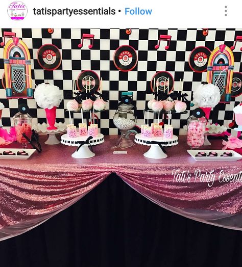 1950 Birthday Party Dessert Table and Decor 50s Theme Dessert Table, 50s Candy Table Ideas, Bowling Themed Birthday Party, 60s Diner, Retro Party Decor, 50s Party Decorations, 1950s Theme Party, Grease Themed Parties, Grease Theme