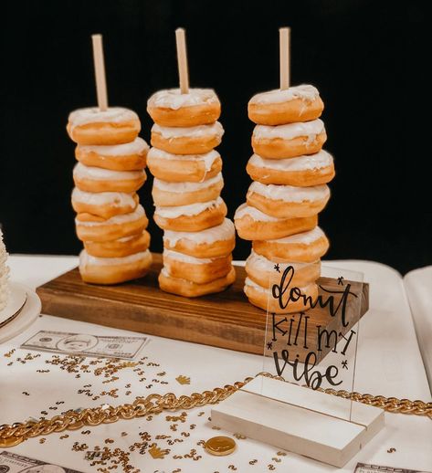 Donut Stand Ideas, Donut Wall First Birthday, Acrylic Donut Stand, Donut Wall Baby Shower Ideas, The Notorious One Backdrop, Donut Mind If I Do Donut Wall, Donut Kill My Vibe, 1st Birthday Boy Themes, Small Birthday Cakes