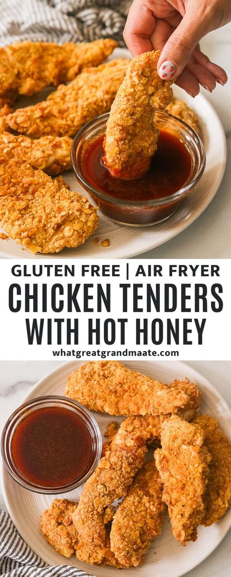 Easy air fryer chicken tenders covered in a crispy, plantain-crusted coating and air fried to sizzling perfection. Served with a homemade hot honey recipe that is sweet and spicy and bursting with flavor! This gluten-free, nut-free, and dairy-free meal is served in under 30 minutes! Air Fryer Gluten Free, Homemade Hot Honey, Gluten Free Chicken Tenders, Easy Air Fryer Chicken, Hot Honey Recipe, Air Fryer Chicken Tenders, Appetizer Ideas, Sticky Fingers, Spicy Honey