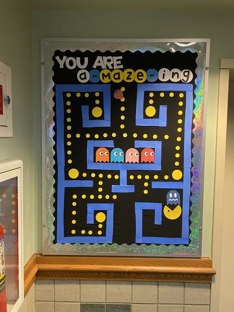 Space Invaders Bulletin Board, Pacman Bulletin Board Ideas, Pacman Bulletin Board, Interactive Board Ideas, Pac Man Bulletin Board Ideas, Pac Man Bulletin Board, Board Game Bulletin Boards, Level Up Bulletin Board Ideas, Level Up School Theme