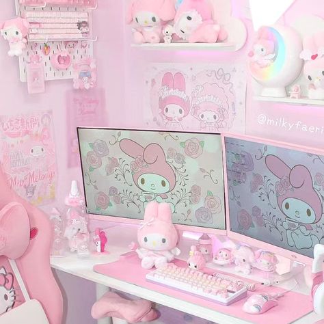 Hello Kitty Chair, My Melody Room, Melody Room, Monitor Cover, Game Station, Kawaii Room Ideas, Kawaii Bedroom, Pink Games, Otaku Room