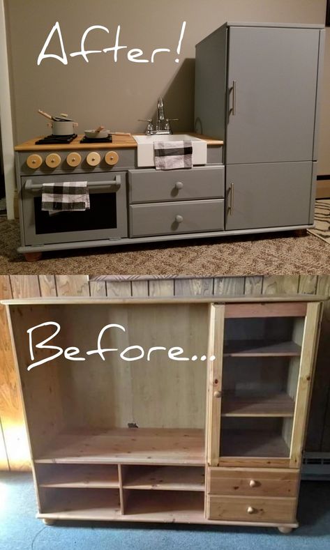 Toy kitchen for kids. Stove, sink, refrigerator, oven, and more! Upcycle Toy Kitchen, Wood Toy Kitchen, Homemade Play Kitchen, Diy Play Kitchen For Older Kids, Diy Kitchen Play Set Kids, Diy Playroom Furniture, Kids Kitchen Cabinet Organization, Diy Toy Kitchen Set For Kids, Diy Kitchen Set For Kids