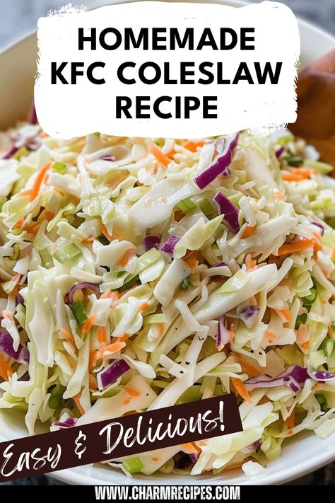 Discover how to recreate KFC coleslaw at home with this straightforward recipe. This delectable side dish brings a refreshing crunch to your plate, making it a perfect complement to pizza, fried chicken, or pulled pork. Using fresh ingredients like crisp cabbage and shredded carrots, along with a tangy dressing, you’ll achieve a creamy and flavorful coleslaw just like KFC. Easy to prepare, this coleslaw enhances meals and adds a zesty flair. Ideal for barbecues, family gatherings, or cozy dinners at home. Cole Slaw Kfc, Kfc Salad Recipe, Coleslaw Bag Ideas, Easy Homemade Coleslaw, Bbq Chicken Sandwich With Coleslaw, Coleslaw Salad Dressing, Quick And Easy Coleslaw Recipe, Coleslaw Recipe For Chicken Sandwich, Kfc Copycat Coleslaw