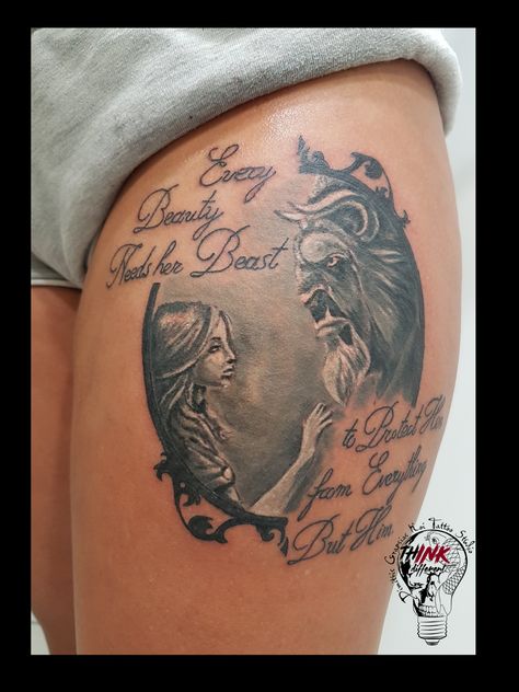 Beauty And The Beast Half Sleeve Tattoo, Beauty The Beast Tattoos, Beauty And The Beast Tattoo Ideas, His Beauty Her Beast Tattoo, Genie Tattoo, Beauty And The Beast Tattoos, Beauty And Beast Tattoo, Scratch Tattoo, The Beast Tattoo