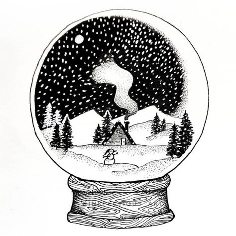 Snow globe. Ink Conceptual - Fantasy Illustrations. Click the image, for more art by Suravi Sengupta. Snow Ink Drawing, Snow Globe Sketch, Christmas Ink Illustration, Simple Christmas Images, Snow Globes Drawing, Christmas Pen Drawing, Snow Art Drawing, Snow Globe Tattoo, Snow Globe Drawing