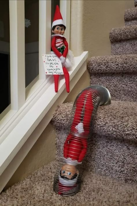 Slinky Elf On The Shelf, Ideas For Two Elf On The Shelves, Elf And Friend Ideas, Ideas For Two Elves On The Shelf, Two Elves On The Shelf Ideas, Creative Elf On The Shelf Ideas, Elf On The Shelves Ideas, Elves On The Shelf Ideas, Elf On The Shelf Pet Ideas