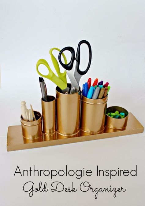 Last Minute Christmas Gifts - Anthropologie Inspired Gold Desk Organizer - Quick DIY Gift Ideas and Easy Christmas Presents To Make for Mom, Dad, Family and Friends - Dollar Store Crafts and Cheap Homemade Gifts, Mason Jar Ideas for Gifts in A Jar, Cute a Diy Desk Organization, Anthropologie Hacks, Diy Desk Accessories, Easy Gifts To Make, Easy Homemade Gifts, Desk Organization Diy, Diy Spray Paint, Desk Diy, Gold Desk