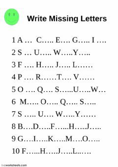 Write missing lettersLanguage: EnglishGrade/level: Grade 1School subject: English as a Second Language (ESL)Main content: The alphabetOther contents: Starting Letter Worksheet, Grade 1 Alphabet Worksheets, Alphabet Worksheets For Grade 1, Alphabet Words Worksheet, Missing Alphabets Worksheet, Alphabates Letters, Alphabets Activity For Preschool, Writing Exercises For Kids, English Alphabet Worksheets