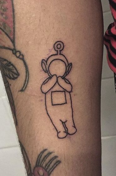 Teletubbies Tattoo Teletubbies Tattoo Minimal, Tinky Winky Tattoo, Towelie Tattoo, Teletubby Tattoo, Childish Tattoos, Teletubbies Tattoo, Small Clown Tattoo, Selfmade Tattoos, Small Girly Tattoos