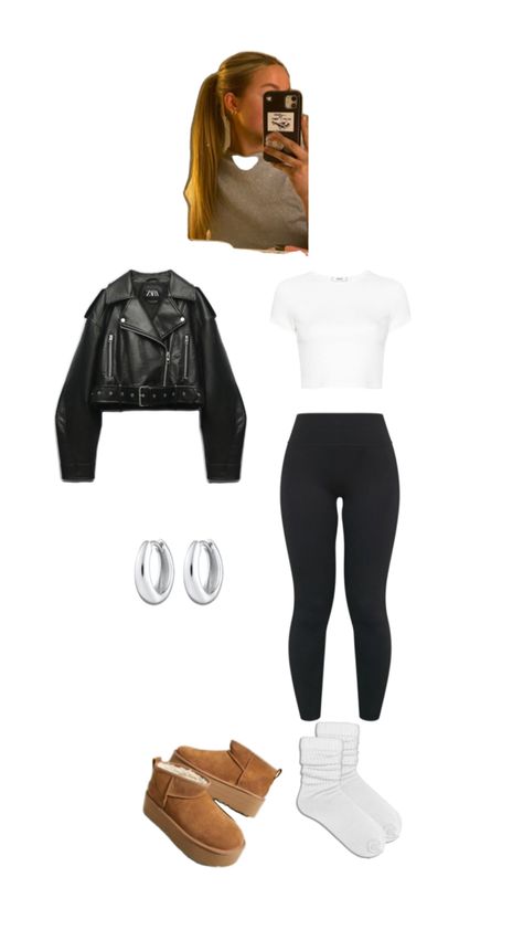 Leather jacket. White crop top. Uggs. Black leggings. Fluffy Leggings Outfit, Winter Outfits Black Leggings, Black Ugg Outfit Ideas, Leggings Outfit Autumn, Black Ugg Outfit, Crop Top Outfits Winter, Black Uggs Outfit, Uggs Outfit Winter, Outfit Leather Jacket