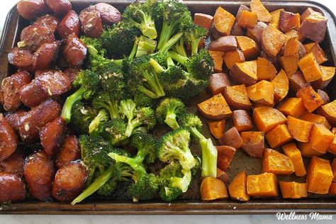 Sheet Pan Honey Garlic Sausage Recipe Honey Garlic Sausage Recipes, Honey Garlic Kielbasa, Roasted Sweet Potatoes And Broccoli, Honey Garlic Sausage, Honey And Garlic, Sausage Dinner, Kielbasa Recipes, Sheet Pan Suppers, Meal Train Recipes