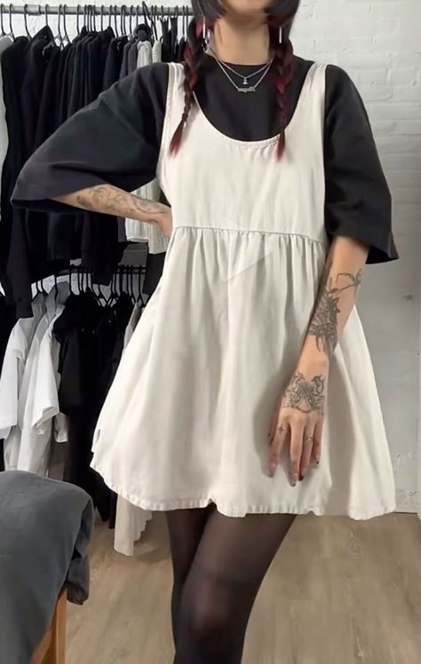 Layered Babydoll Dress, Maxi Dress Outfit Layered, Babydoll Dress Outfit Fall, Lace Shirt Under Dress, Dress Layered With Shirt, Tshirt Under Dress Outfit, Babydoll Aesthetic Outfits, Plus Summer Outfits, Dress Over Jeans Outfit