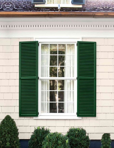 Painted shutters are an easy way to boost curb appeal and add a fun pop of color to your home!  #Lenoreinar #realestate #realtor #nwa #nwarealestate #conciergerealtynwa Green Shutters White House, White House Green Trim, Shutter Paint Colors, Painted Shutters, Window Shutters Exterior, Shutter Colors, Painting Shutters, Green Shutters, White Siding