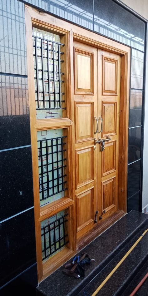 Wooden Double Doors, Main Doors, Double Door Entrance, House Main Door, House Front Door Design, House Gate, House Balcony, Wooden Front Door Design, House Outer Design