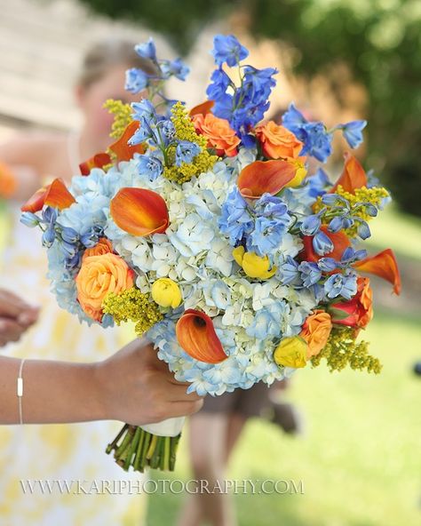 yellow,orange, and blue wedding flowers | Blue, orange and yellow | Wedding Bouquets @Stephanie Heindl Yellow Wedding Bouquets, Orange And Blue Wedding, Wedding Flowers Blue, Blue Orange Weddings, Orange Inspiration, Orange Wedding Bouquet, Blue Flower Arrangements, Yellow Wedding Bouquet, Orange Bridesmaid